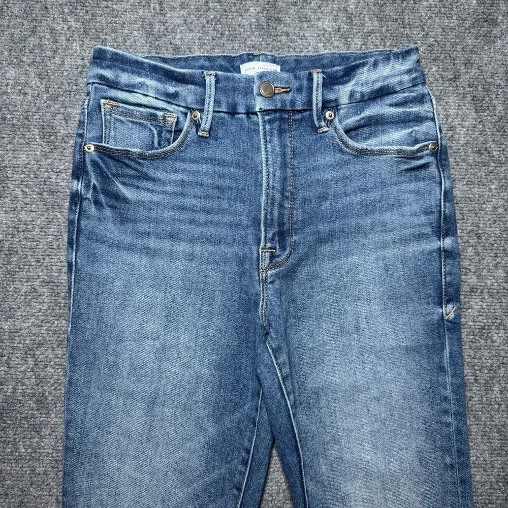 Good American Slim Straight Jeans Women 6/28 Blue Fade Denim Distressed 26x27